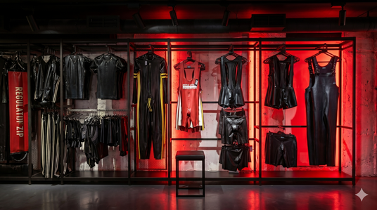 Men's Latex Clothing display with red lighting in a store setting