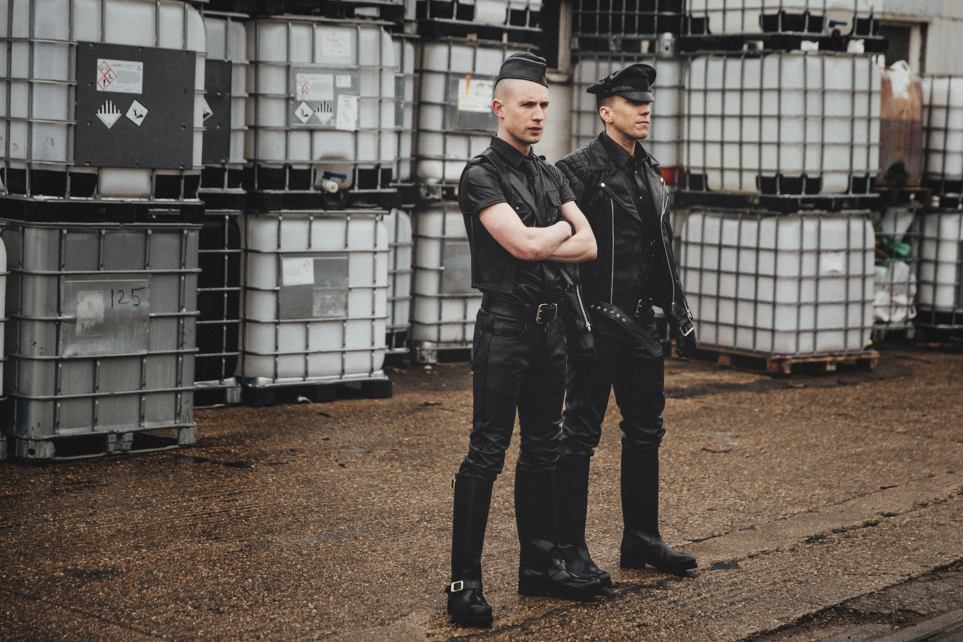 Two men dressed in full leather