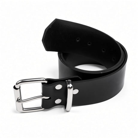 A black neoprene rubber belt with a polished silver-tone metal buckle, shown coiled on a plain white background.