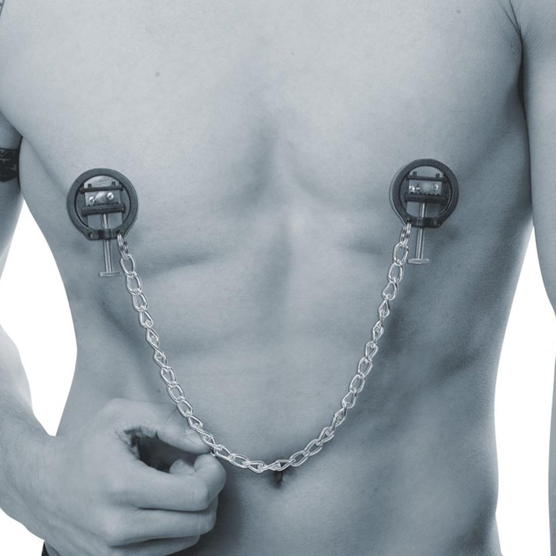 Round Screw Nipple Clamps with Metal Chain from Fetish Collection.